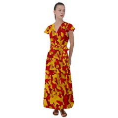 Red And Yellow Camouflage Pattern Flutter Sleeve Maxi Dress by SpinnyChairDesigns