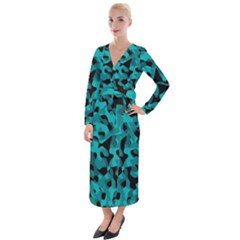 Black And Teal Camouflage Pattern Velvet Maxi Wrap Dress by SpinnyChairDesigns