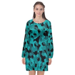 Black And Teal Camouflage Pattern Long Sleeve Chiffon Shift Dress  by SpinnyChairDesigns