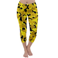 Black And Yellow Camouflage Pattern Capri Winter Leggings  by SpinnyChairDesigns