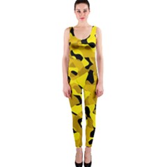 Black And Yellow Camouflage Pattern One Piece Catsuit by SpinnyChairDesigns