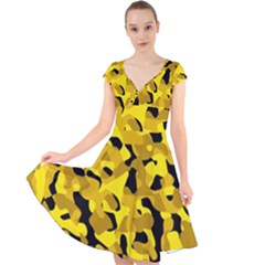 Black And Yellow Camouflage Pattern Cap Sleeve Front Wrap Midi Dress by SpinnyChairDesigns