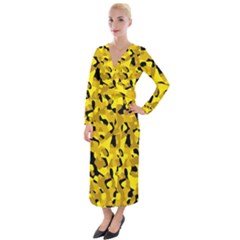 Black And Yellow Camouflage Pattern Velvet Maxi Wrap Dress by SpinnyChairDesigns