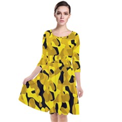 Black And Yellow Camouflage Pattern Quarter Sleeve Waist Band Dress by SpinnyChairDesigns