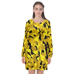 Black And Yellow Camouflage Pattern Long Sleeve Chiffon Shift Dress  by SpinnyChairDesigns