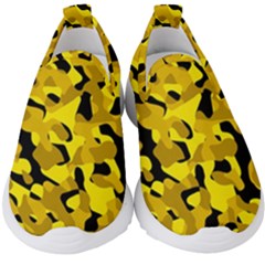 Black And Yellow Camouflage Pattern Kids  Slip On Sneakers by SpinnyChairDesigns