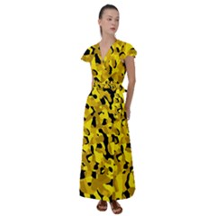 Black And Yellow Camouflage Pattern Flutter Sleeve Maxi Dress by SpinnyChairDesigns