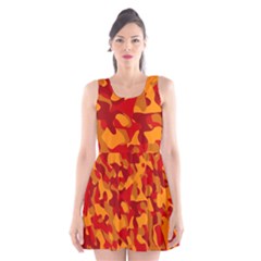 Red And Orange Camouflage Pattern Scoop Neck Skater Dress by SpinnyChairDesigns