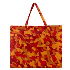 Red And Orange Camouflage Pattern Zipper Large Tote Bag by SpinnyChairDesigns