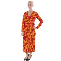 Red And Orange Camouflage Pattern Velvet Maxi Wrap Dress by SpinnyChairDesigns