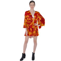 Red And Orange Camouflage Pattern V-neck Flare Sleeve Mini Dress by SpinnyChairDesigns