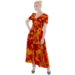 Red And Orange Camouflage Pattern Button Up Short Sleeve Maxi Dress by SpinnyChairDesigns