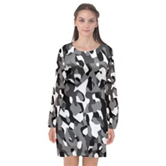 Black And White Camouflage Pattern Long Sleeve Chiffon Shift Dress  by SpinnyChairDesigns