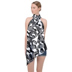 Black And White Camouflage Pattern Halter Asymmetric Satin Top by SpinnyChairDesigns