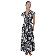 Black And White Camouflage Pattern Flutter Sleeve Maxi Dress by SpinnyChairDesigns