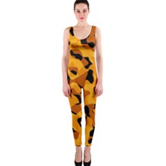 Orange And Black Camouflage Pattern One Piece Catsuit by SpinnyChairDesigns