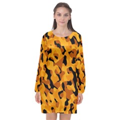 Orange And Black Camouflage Pattern Long Sleeve Chiffon Shift Dress  by SpinnyChairDesigns