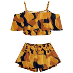 Orange And Black Camouflage Pattern Kids  Off Shoulder Skirt Bikini by SpinnyChairDesigns