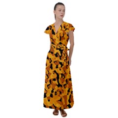 Orange And Black Camouflage Pattern Flutter Sleeve Maxi Dress by SpinnyChairDesigns