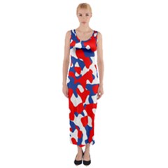 Red White Blue Camouflage Pattern Fitted Maxi Dress by SpinnyChairDesigns