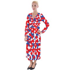 Red White Blue Camouflage Pattern Velvet Maxi Wrap Dress by SpinnyChairDesigns