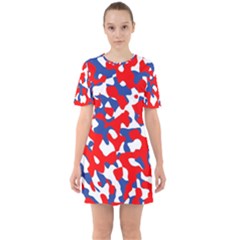 Red White Blue Camouflage Pattern Sixties Short Sleeve Mini Dress by SpinnyChairDesigns