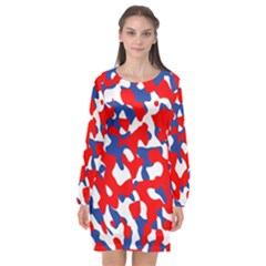 Red White Blue Camouflage Pattern Long Sleeve Chiffon Shift Dress  by SpinnyChairDesigns