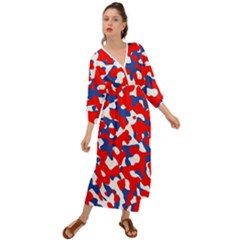 Red White Blue Camouflage Pattern Grecian Style  Maxi Dress by SpinnyChairDesigns