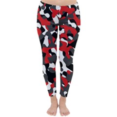 Black Red White Camouflage Pattern Classic Winter Leggings by SpinnyChairDesigns