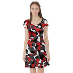 Black Red White Camouflage Pattern Short Sleeve Skater Dress by SpinnyChairDesigns