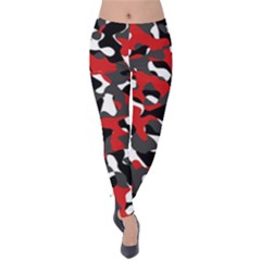 Black Red White Camouflage Pattern Velvet Leggings by SpinnyChairDesigns