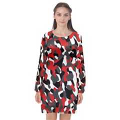 Black Red White Camouflage Pattern Long Sleeve Chiffon Shift Dress  by SpinnyChairDesigns