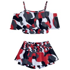 Black Red White Camouflage Pattern Kids  Off Shoulder Skirt Bikini by SpinnyChairDesigns