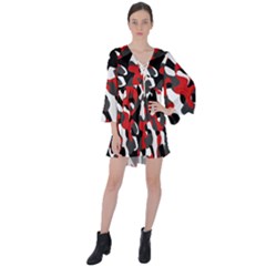 Black Red White Camouflage Pattern V-neck Flare Sleeve Mini Dress by SpinnyChairDesigns