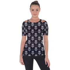 Grey Aliens Extraterrestrials Ufo Faces Shoulder Cut Out Short Sleeve Top by SpinnyChairDesigns