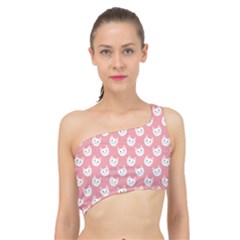 Cute Cat Faces White And Pink Spliced Up Bikini Top  by SpinnyChairDesigns