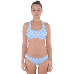 Cute Cat Faces White And Blue  Cross Back Hipster Bikini Set by SpinnyChairDesigns