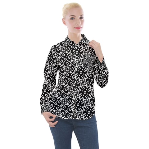 Black And White Decorative Design Pattern Women s Long Sleeve Pocket Shirt by SpinnyChairDesigns