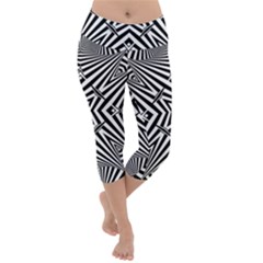 Black And White Line Art Pattern Stripes Lightweight Velour Capri Yoga Leggings by SpinnyChairDesigns