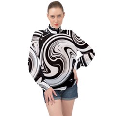 Black And White Swirl Spiral Swoosh Pattern High Neck Long Sleeve Chiffon Top by SpinnyChairDesigns