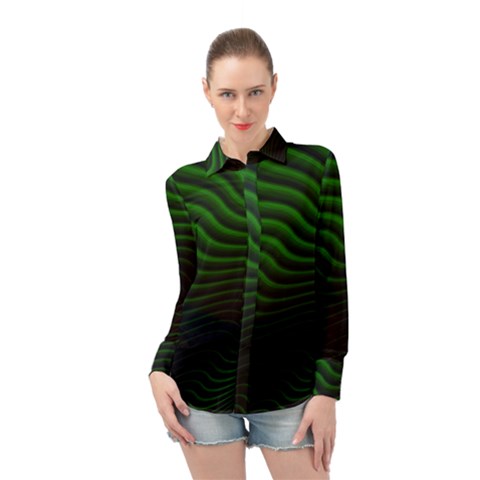 Black And Green Abstract Stripes Gradient Long Sleeve Chiffon Shirt by SpinnyChairDesigns