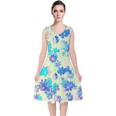 Cosmos Flowers Blue V-neck Midi Sleeveless Dress  by DinkovaArt