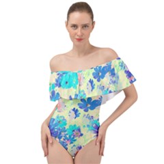 Cosmos Flowers Blue Off Shoulder Velour Bodysuit  by DinkovaArt