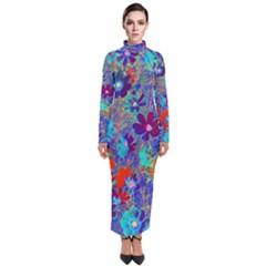 Cosmos Flowers Blue Red Turtleneck Maxi Dress by DinkovaArt