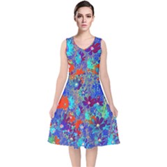 Cosmos Flowers Blue Red V-neck Midi Sleeveless Dress  by DinkovaArt