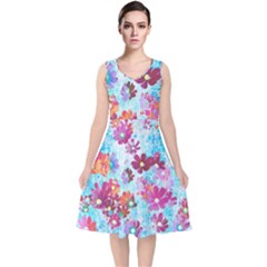 Cosmos Flowers V-neck Midi Sleeveless Dress  by DinkovaArt