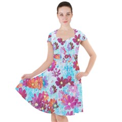 Cosmos Flowers Cap Sleeve Midi Dress by DinkovaArt