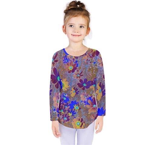 Cosmos Flowers Brown Blue Kids  Long Sleeve Tee by DinkovaArt