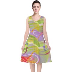 Infinity Painting Green V-neck Midi Sleeveless Dress  by DinkovaArt