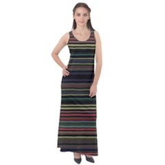 Dark Rust Red And Green Stripes Pattern Sleeveless Velour Maxi Dress by SpinnyChairDesigns